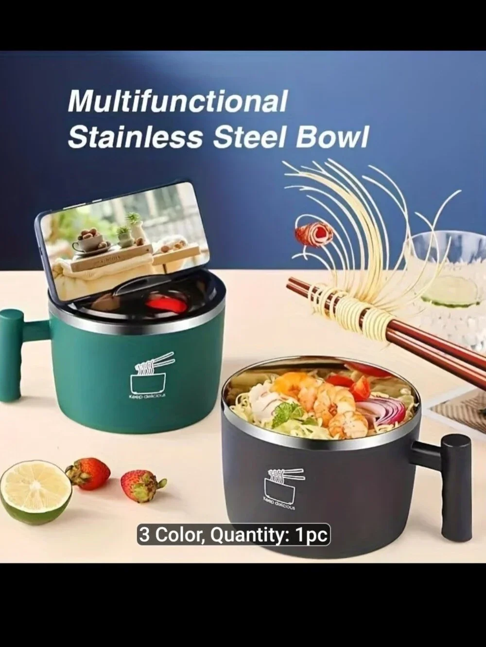 Blue Stainless Steel Noodle Bowl with Handle and Steam Vent